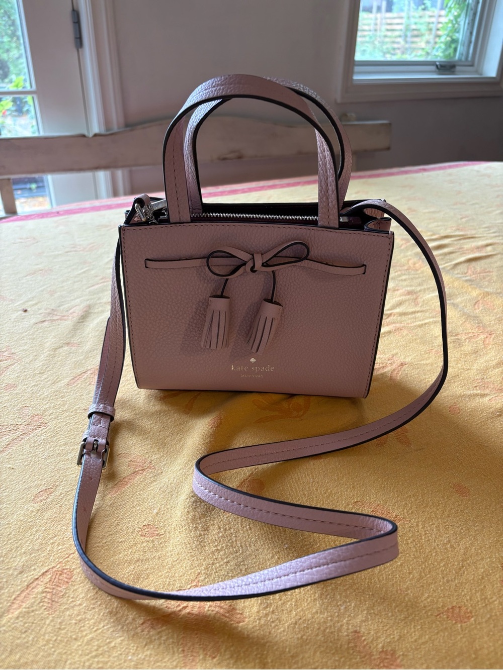 kate spade pink pebbled leather mini satchel with tassel bow